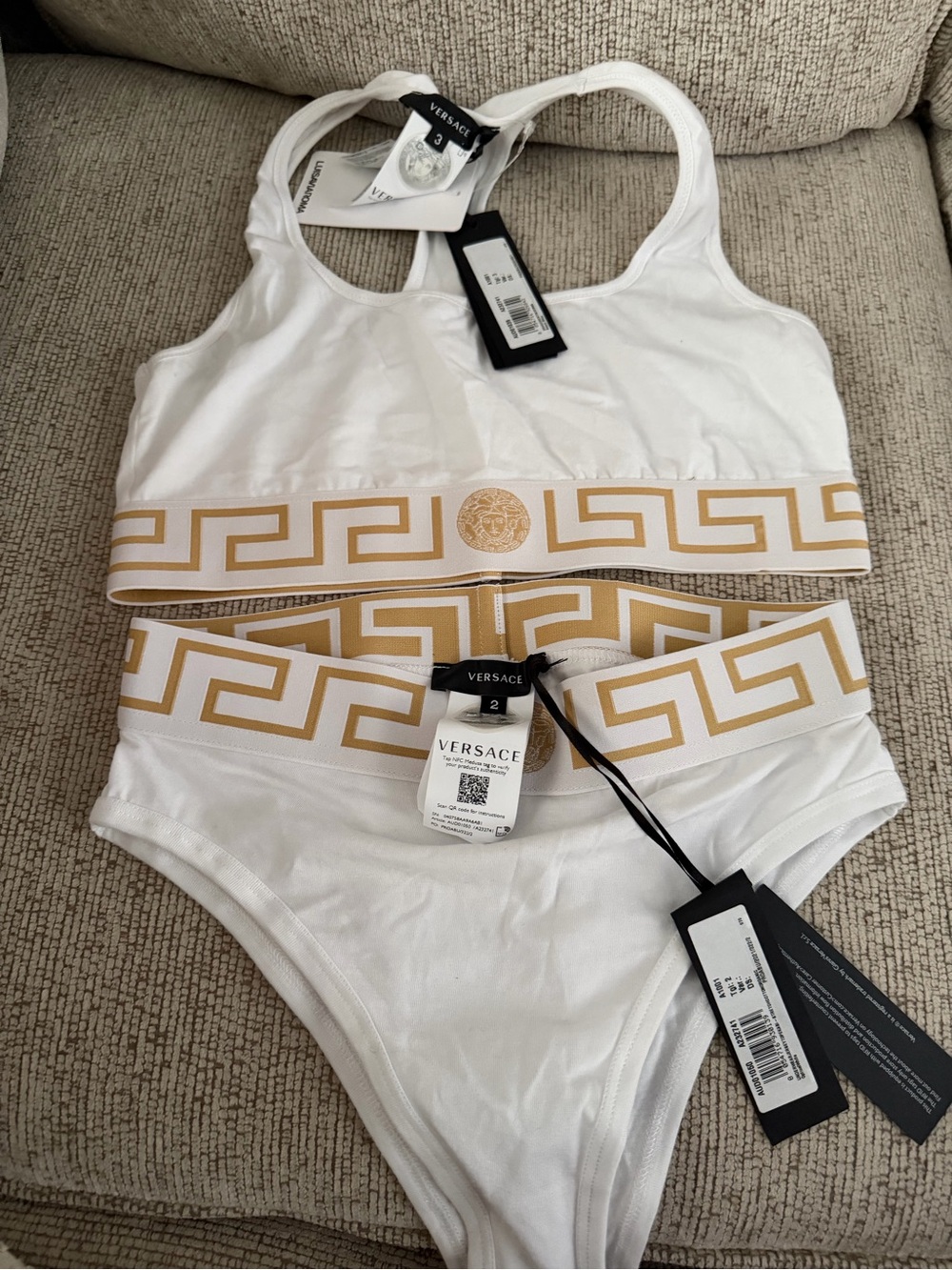 Versace White & Gold Greek Key Two-Piece Bra and panty Set